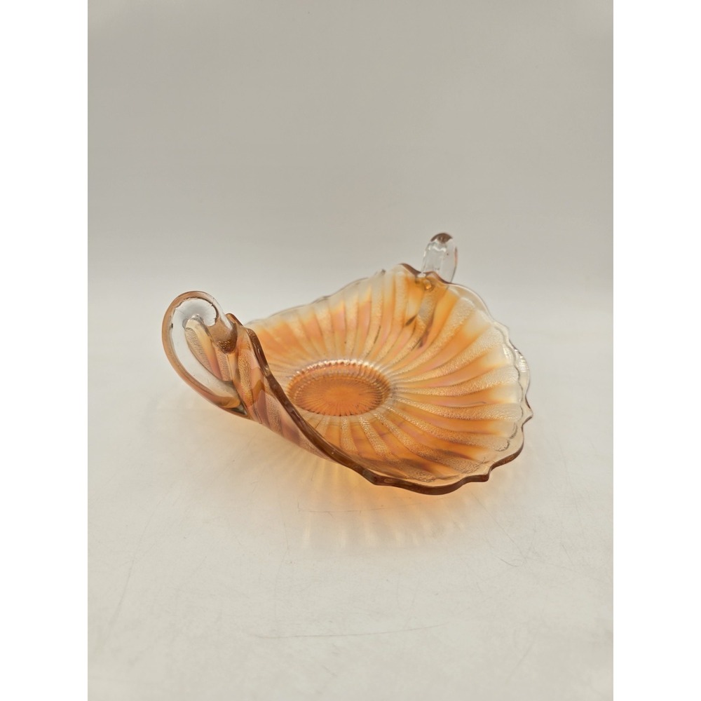 Fenton Stippled Rays Marigold Carnival Glass Bonbon Handled‎ Dish